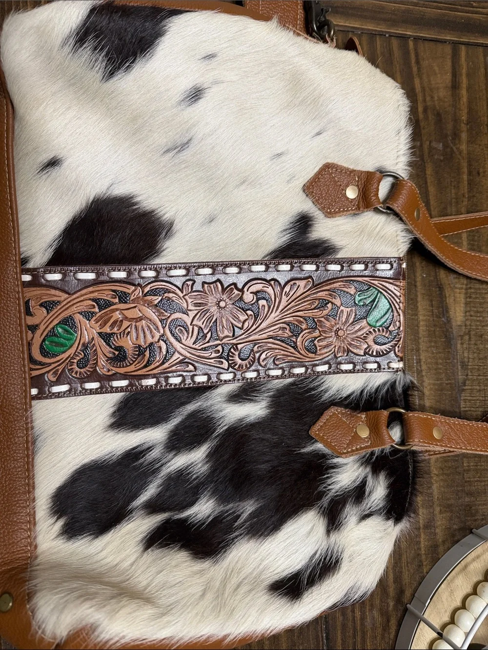 Myra Bag Leather Accent Cowhide Crossbody Bag in Brown and Black - Picture 2 of 7